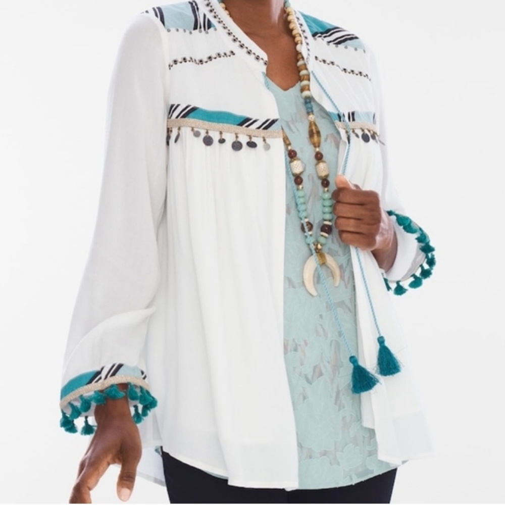 Chico's Tassel Tie Boho Ecru/Blue Jacket Size 3